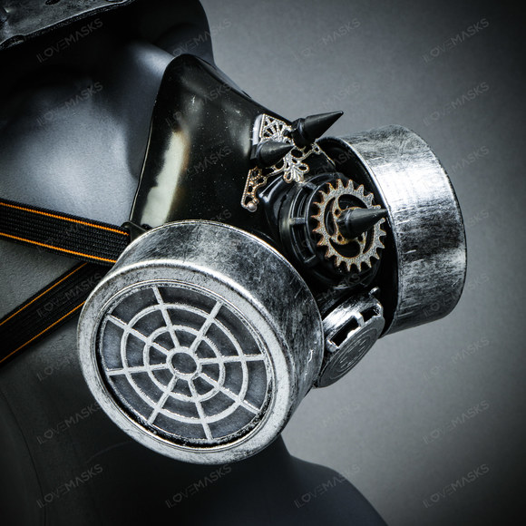 Metallic Silver Steampunk Captain Cap w/ Silver Party Gas mask Halloween Costume